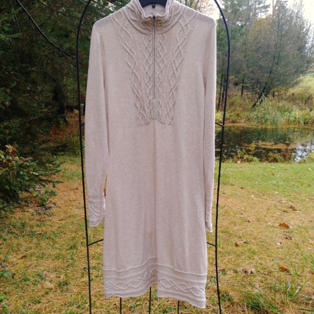 Athleta Sawtooth Organic Cotton/ Wool Cable-Knit Sweater Dress, Size 1X, Oatmeal